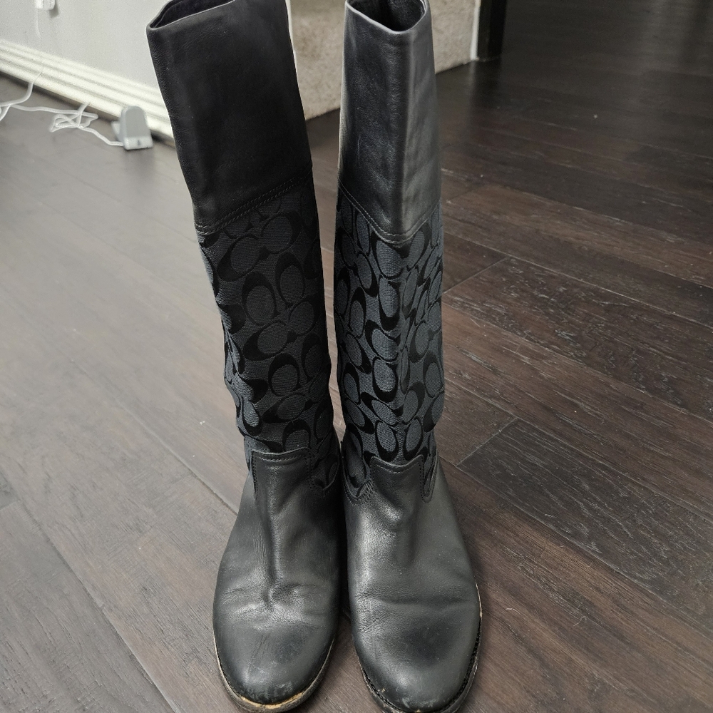 Coach Chrissi Signature black leather and fabric riding boots size 7.5 B - Picture 2 of 11